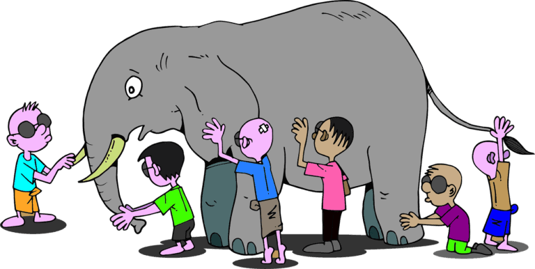 Группа слепых людей в разноцветных рубашках щупают стоящего слона, у которого удивленные глаза